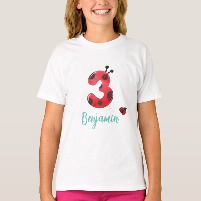 Cute Red Polka dot Ladybug 3rd Birthday party namn T Shirt (Framsida)