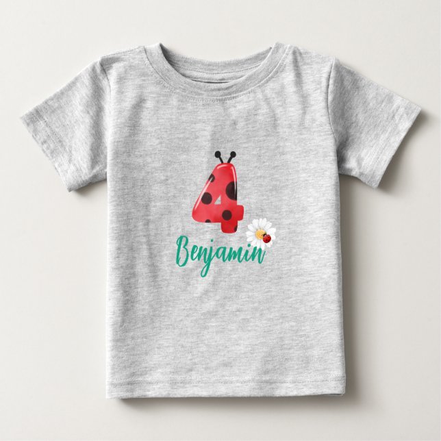 Cute Red Polka dot Ladybug 4e födelsedagen party n T Shirt (Framsida)