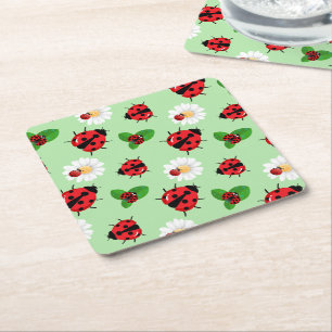 Cute Red Polka dot Ladybug-Daisy sommar Underlägg Papper Kvadrat