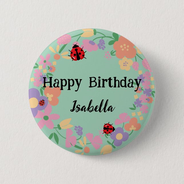 Cute Red Polka dot Ladybug Vår Flower Birthday Knapp (Framsida)