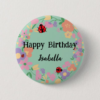Cute Red Polka dot Ladybug Vår Flower Birthday Knapp
