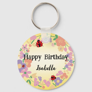 Cute Red Polka dot Ladybug Vår Flower Birthday Nyckelring