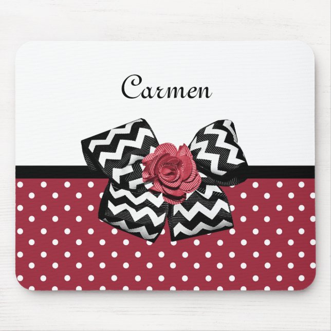Cute Red Polka dots med Chevron Ro Bow och Namn Musmatta (Framsidan)