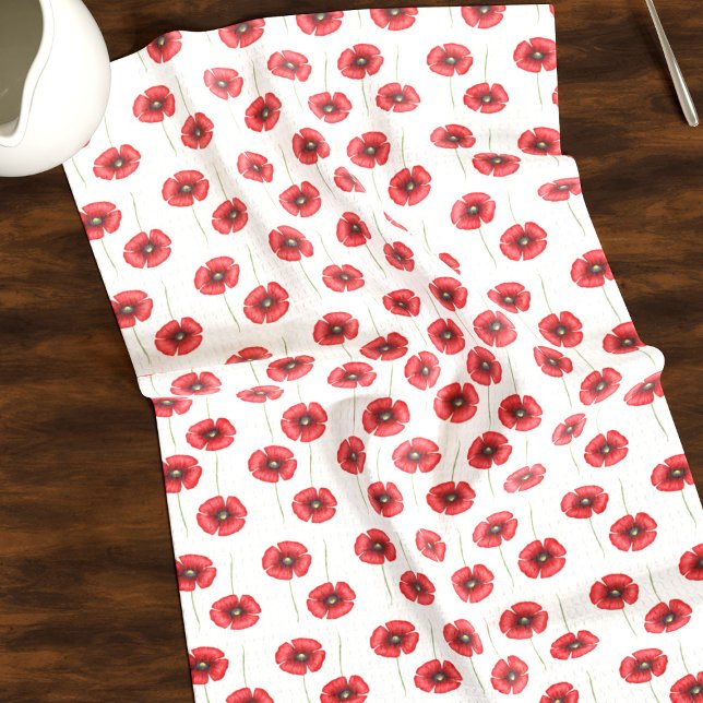 Cute Red Poppies on White Blommigt Kitchen Towel Kökshandduk (A cute poppy pattern kitchen towel that will look fabulous in your kitchen)