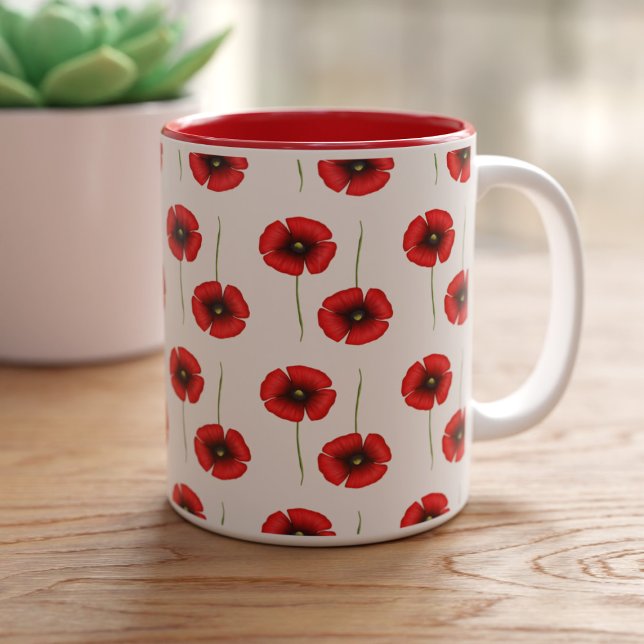 Cute Red Poppy Flower Mönster Blommigt Coffe Mugg (Love poppies and coffee mugs?    This is the poppy coffee mug just for you!)