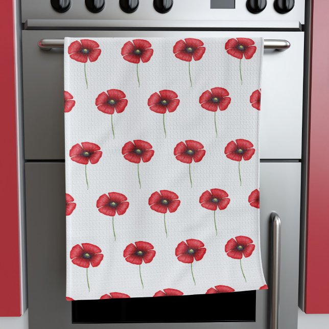 Cute Red Poppy Flower Mönster på White Kökshandduk (A cute poppy pattern kitchen towel that will look fabulous in your kitchen. )