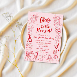 Cute Red quirky nyårsafton party doodle Inbjudningar