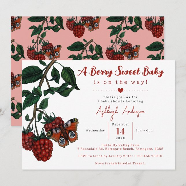 Cute Red Raspberry Berry Sweet Baby Shower Inbjudningar (Fram/baksida)