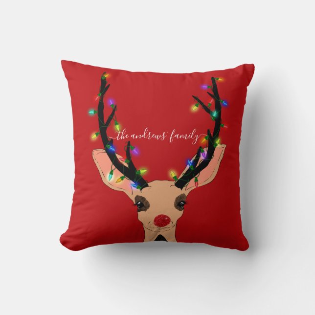 Cute Red Reindeer Hjort Glowing jul Ljus Kudde (Framsida)