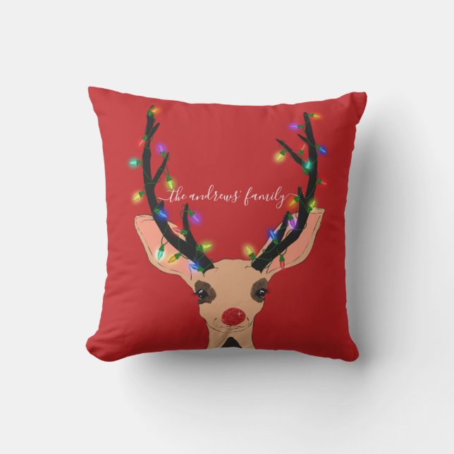 Cute Red Reindeer Hjort Glowing jul Ljus Kudde (Framsida)