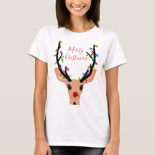 Cute Red Reindeer Hjort Glowing jul Ljus T Shirt (Framsida)