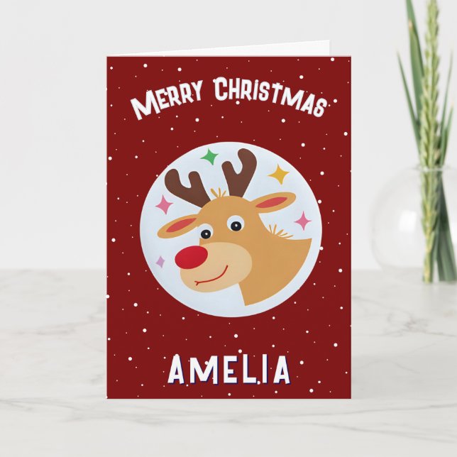 Cute Red Reindeer Kid`s Name Merry Christmas Kort (Framsida)