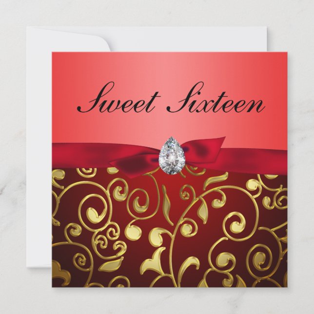 Cute Red Ribbon Guld Blommönster Sweet sixteen Inbjudningar (Framsida)