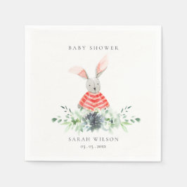 Cute Red Rosa Bunny Garden Foliage Baby Shower Pappersservett