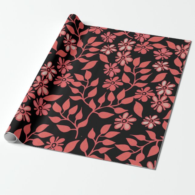 Cute Red & Rosa Flowers on Black Background Gift Presentpapper (Utrullad)