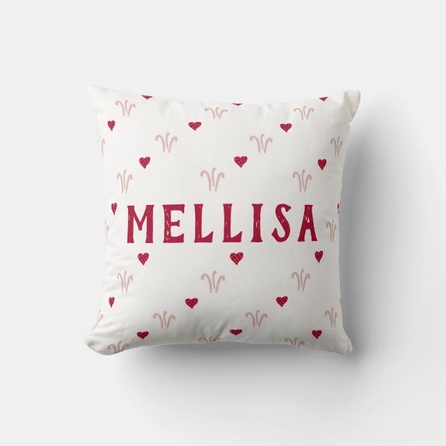 Cute Red Rosa Heart Mönster Namn Kudde (Framsida)