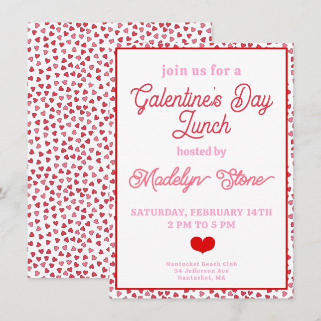 Cute Red & Rosa Hearts Galentine's Day Lunch Inbjudningar (Fram/baksida)