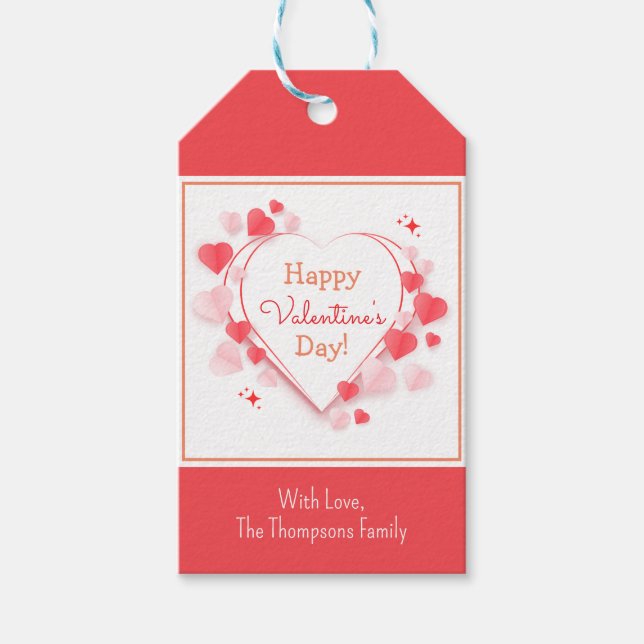 Cute Red Rosa Hearts Glad Alla hjärtans dag Namn Presentetikett (Framsidan)