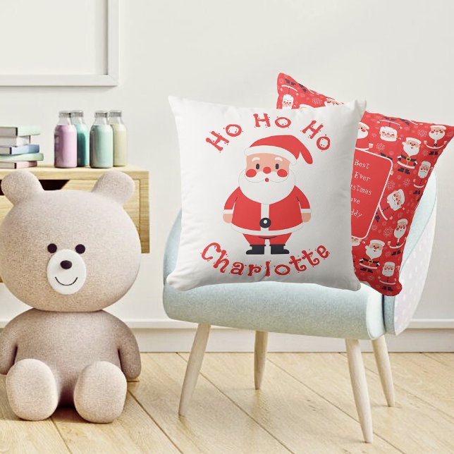 Cute Red Santa Girls Namn Kudde (Kids Playroom - Front And Back )