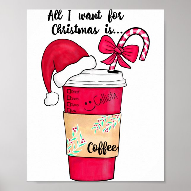 Cute Red Santa Hat Coffee Candy Cane Christmas  Poster (Framsidan)
