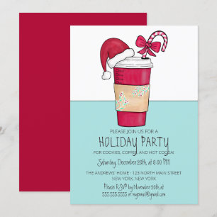 Cute Red Santa Hat Coffee Candy cane Helgdag Inbjudningar
