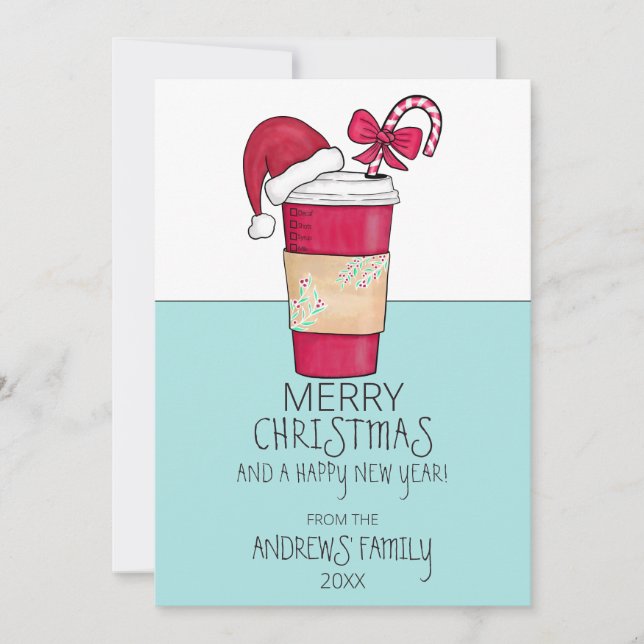 Cute Red Santa Hat Coffee Candy cane jul Julkort (Framsida)