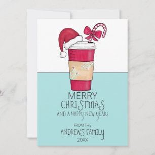 Cute Red Santa Hat Coffee Candy cane jul Julkort
