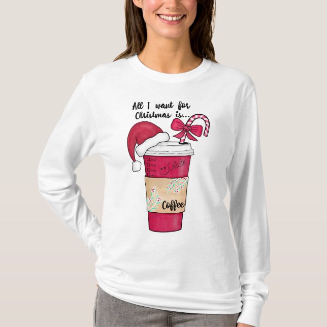 Cute Red Santa Hat Coffee Candy cane jul T Shirt (Framsida)