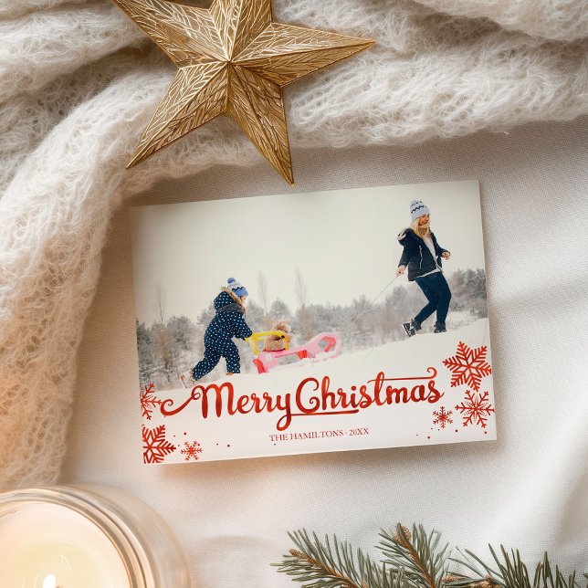 Cute Red Script Photo Snowflake-jul Vykort (Skapare uppladdad)