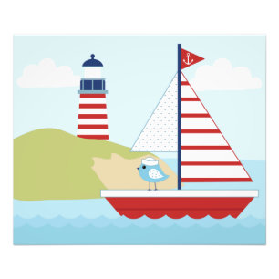 Cute Red Segelbåt och Lighthouse Fototryck
