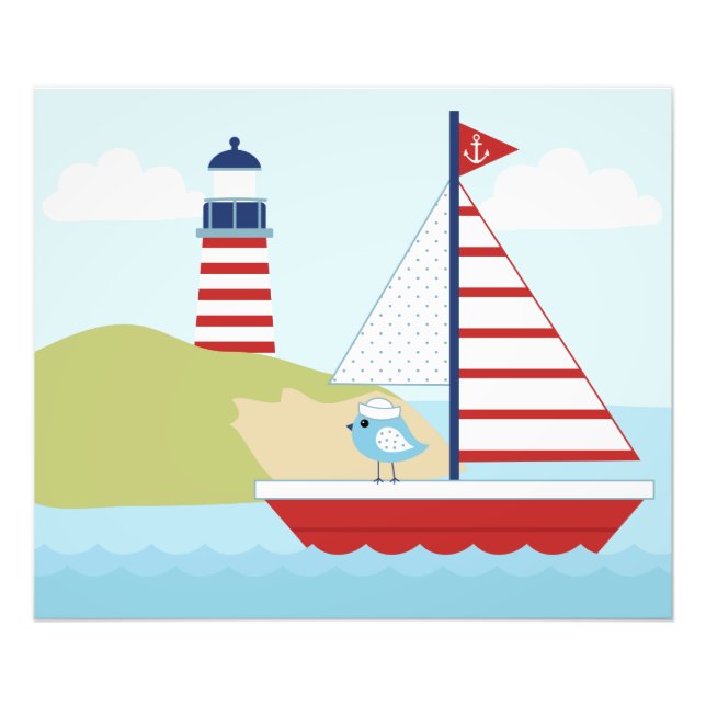 Cute Red Segelbåt och Lighthouse Fototryck (Framsidan)