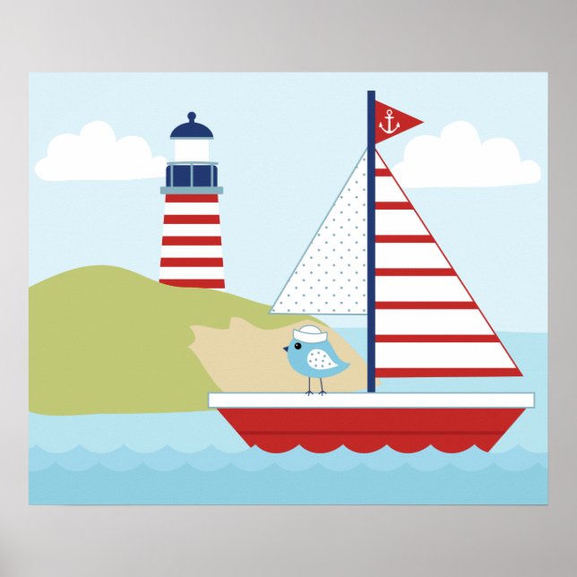 Cute Red Segelbåt och Lighthouse Poster (Framsidan)