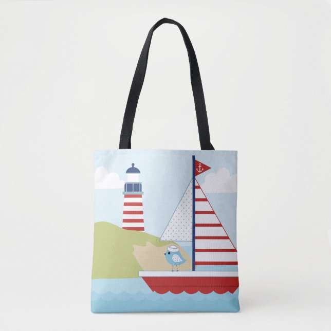 Cute Red Segelbåt och Lighthouse Tygkasse (Framsida)