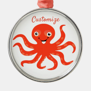 Cute Red Smiling Octopus Thunder_Cove Julgransprydnad Metall