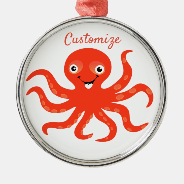 Cute Red Smiling Octopus Thunder_Cove Julgransprydnad Metall (Framsidan)