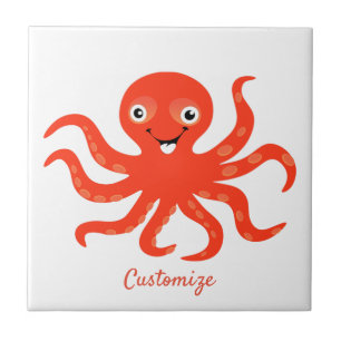 Cute Red Smiling Octopus Thunder_Cove Kakelplatta