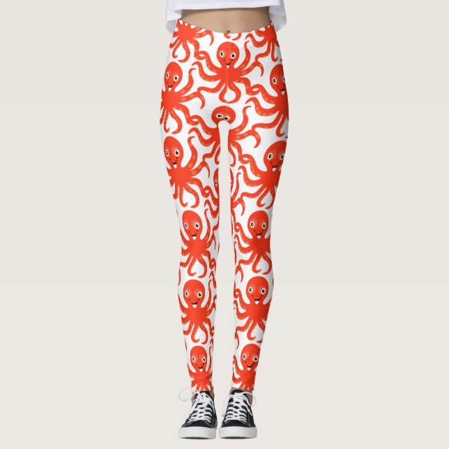 Cute Red Smiling Octopus Thunder_Cove Leggings (Framsida)