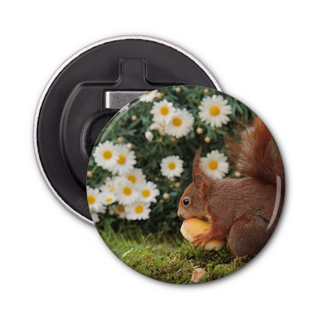 Cute Red Squirrel and Daisies Photo Flasköppnare (Framsidan)