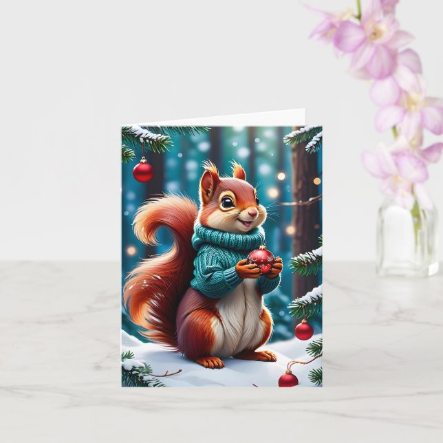 Cute Red Squirrel i Sweater jul Bollar Blank Kort (Orkide)