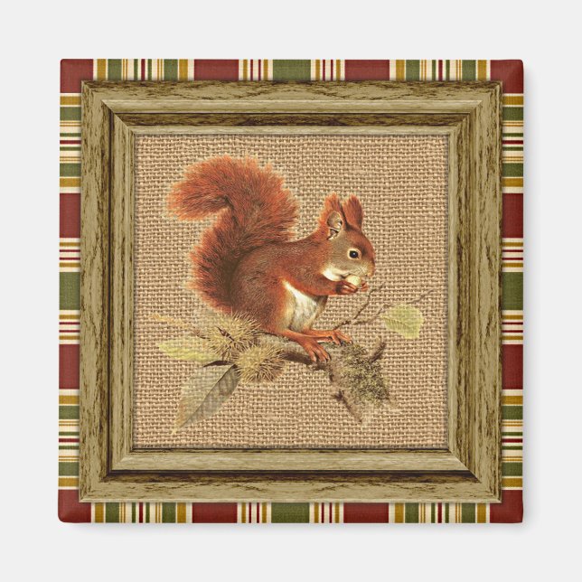 Cute Red Squirrel på Faux Jute Burlap Struktur Magnet (Framsidan)