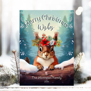 Cute Red Squirrel Snowy Forest God jul Julkort