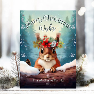 Cute Red Squirrel Snowy Forest God jul Julkort