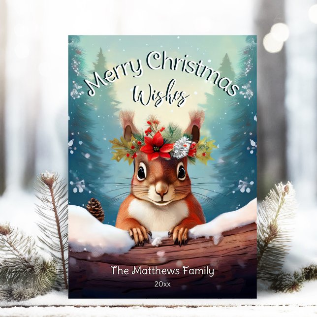 Cute Red Squirrel Snowy Forest God jul Julkort (Adorable Winter Snowy Scene With Peeking Dogs or Farm/Woodland Animals - Over 50 to Choose From!)