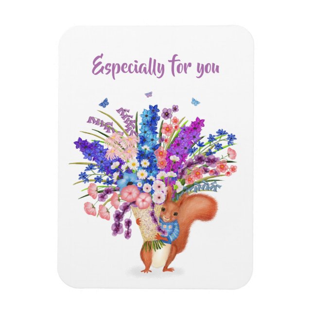 Cute red squirrel with flowers magnet (Vertikal)