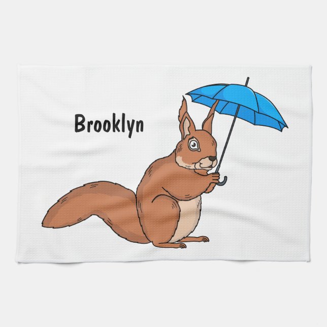 Cute red squirrel with umbrella cartoon  kökshandduk (Horisontell)