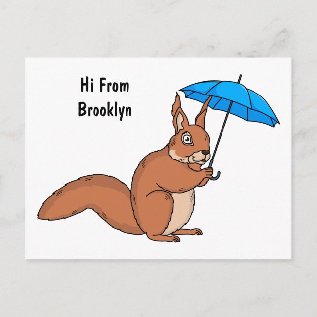 Cute red squirrel with umbrella cartoon vykort (Framsida)