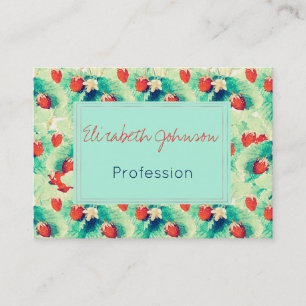 Cute Red Strawbär & Foliage Watercolor Paint Visitkort