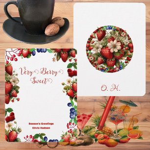 Cute Red Strawberry Blue Berry Sweet Modern Script Anteckningskort