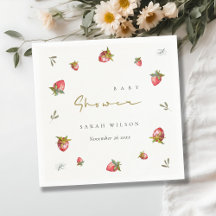 Cute Red Strawberry Leafy Botanical Baby Shower