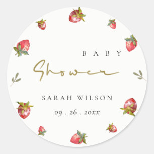 Cute Red Strawberry Leafy Botanical Baby Shower Runt Klistermärke